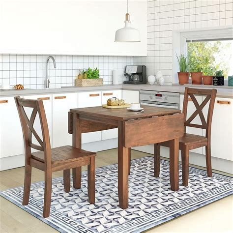 3 Piece Dining Table Set, Wood Drop Leaf Dining Table Set with 2 X-Back ...