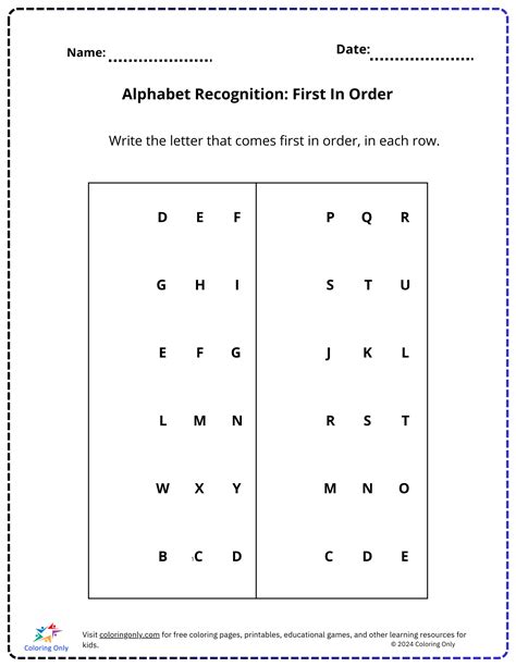 Alphabet Recognition: First In Order Free Printable Worksheet