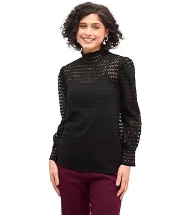 Salt Attire Regal Raven Black High Neck Lace Top S : Amazon.in ...