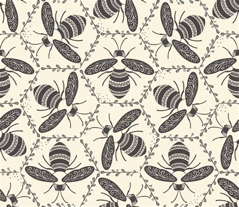 Folk art black and white bees wallpaper - Free shipping | Happywall