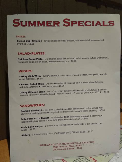 Menu at Olde Falls Inn pub & bar, Zanesville