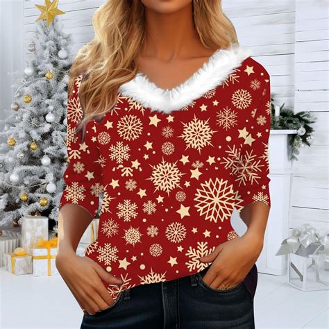 Lroveb Christmas Shirts for Women Holiday Tops Long Sleeve Faux V Neck ...