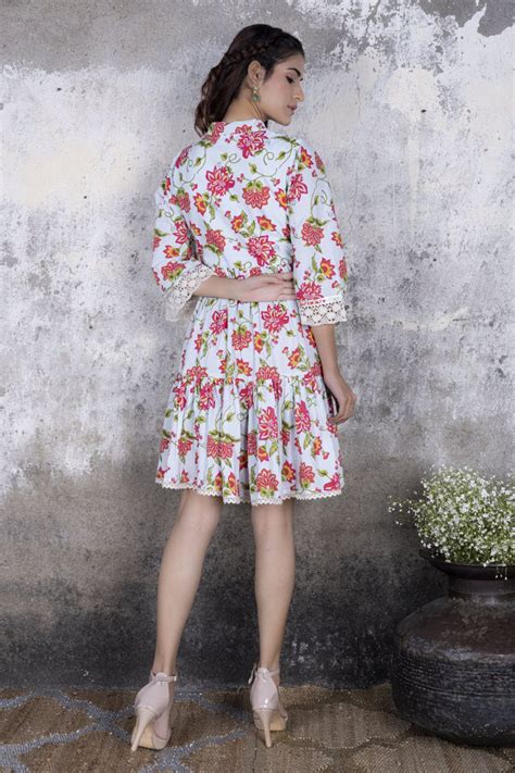 Buy Baby Blue Floral Block Print Mini Dress for Women Online – Maitri ...