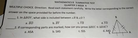 Solved: MATHEMATICS 8 SUMMATIVE TEST QUARTER 3 WEEK 4 MULTIPLE CHOICE ...