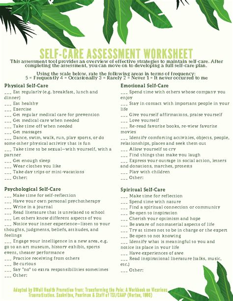 Fillable self-care worksheet - SELF-CARE ASSESSMENT WORKSHEET This ...
