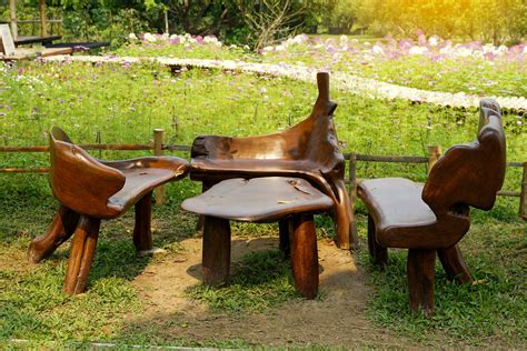 Wooden furniture set made from tree stumps, roots, scrap wood, products ...