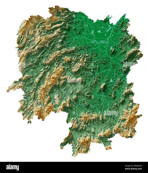 Hunan. A province of China. A detailed 3D rendering of a shaded relief map with rivers and lakes ...
