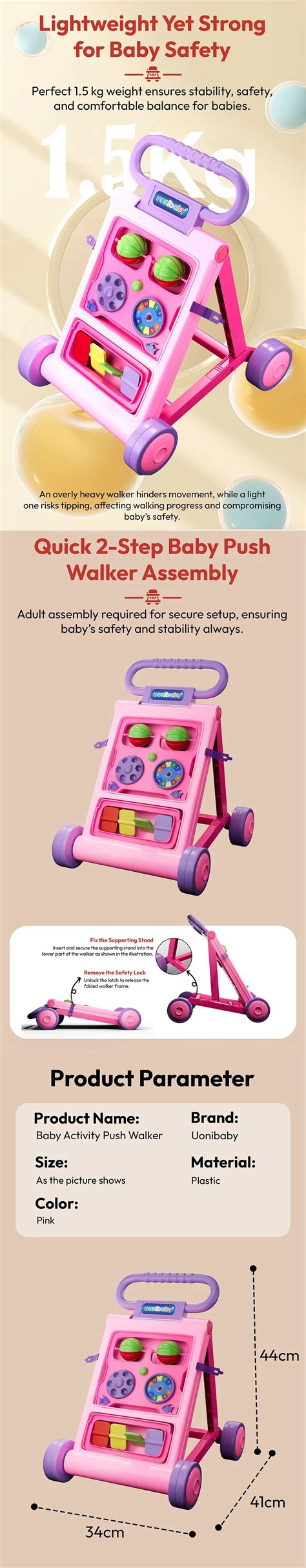 Baby Push Walker with Music and Wheels Pink