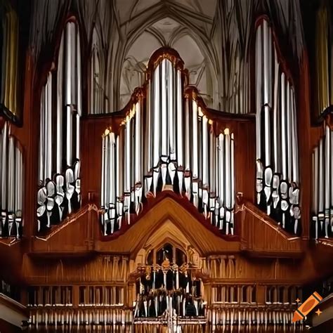 Viewed from a distance, a large pipe organ in a cathedral like setting ...