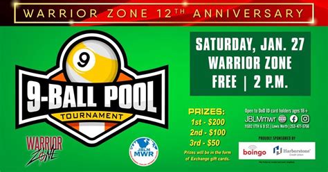 9-Ball Pool Tournament, JBLM Warrior Zone, Paradise Inn, 27 January ...
