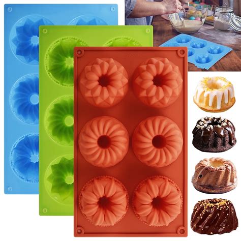 3PCS Mini Bundt Cake Pan, 6-Cavity Silicone Baking Mold, Non-Stick ...
