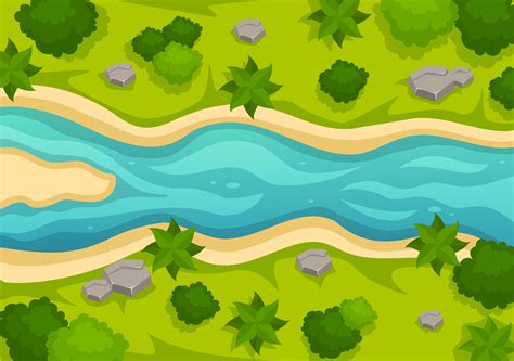 River Landscape Illustration with View Mountains, Green Fields, Trees and Forest Surrounding the ...