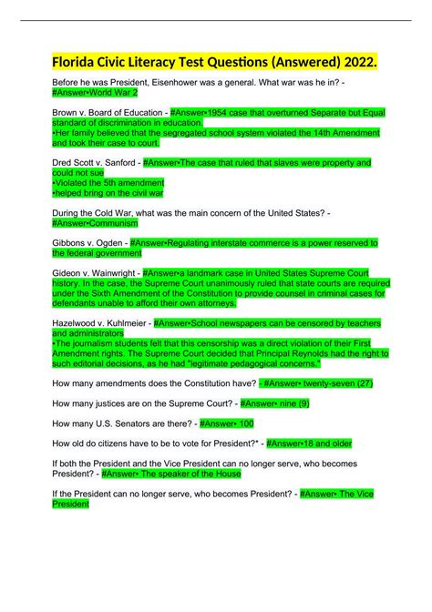 Summary Florida Civic Literacy Test Questions (Answered) 2023 ...