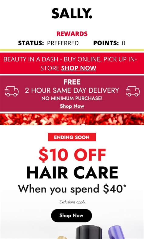 Sally Beauty $10 off $40 on select hair care. Free 2 hour delivery when ...