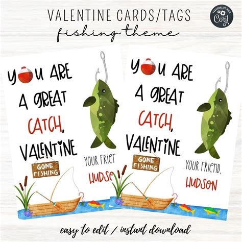 Printable Valentine Tags,fishing Valentine Card,kids Valentines ...