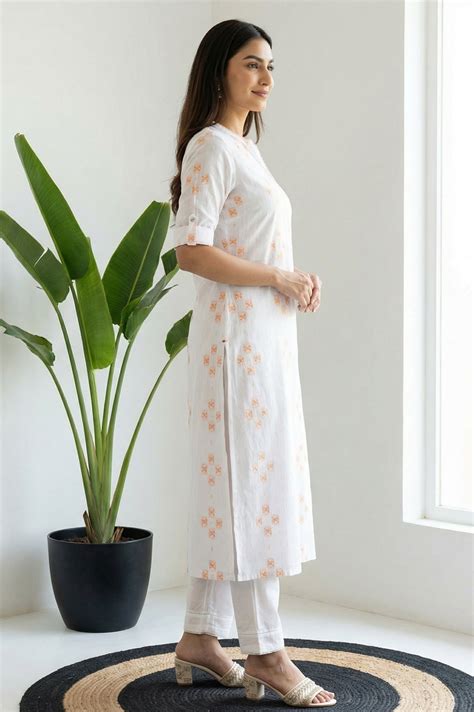 Buy White Geometric Printed Thread Work Pure Cotton Straight Kurta ...