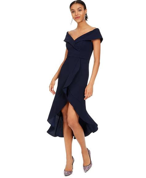 Navy Off-the-shoulder Flounce Party Midi Dress – ShObO