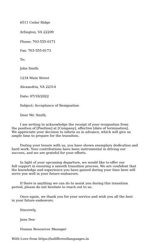 2 Examples of Sample Letter For Acceptance Of Resignation