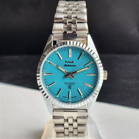 Vintage MOD HMT Kohinoor Hand Winding 17 Jewels Tiffany Blue Face Flut ...
