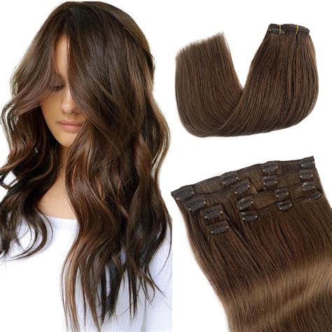 Amazon.com : Clip in Hair Extensions Real Human Hair Brown Thick Hair ...