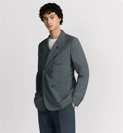 Double-Breasted Jacket with Buttoned Strap Gray Checkered Virgin Wool-Blend Seersucker | DIOR