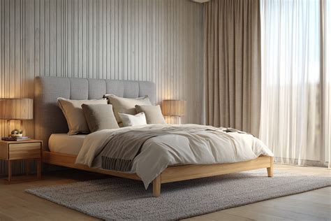 Modern Bedroom Design With A Wooden Double Bed With A Grey Headboard