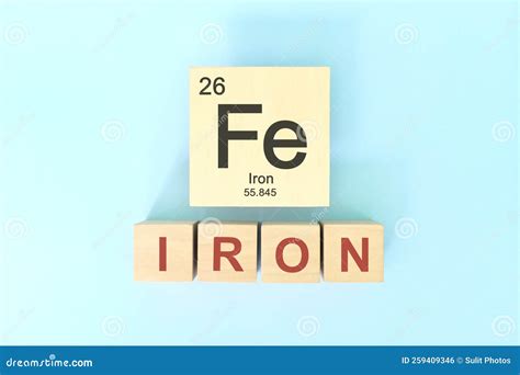 Iron Chemical Element Symbol with Atomic Mass and Atomic Number in Wooden Blocks Flat Lay ...