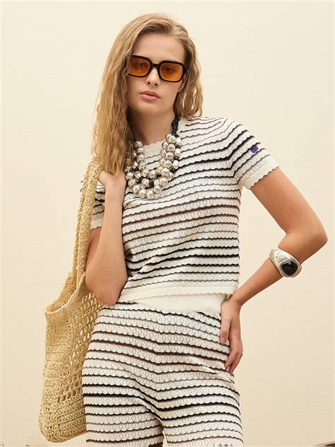 Women Off-White & Black Crochet Stripes Scalloped Top