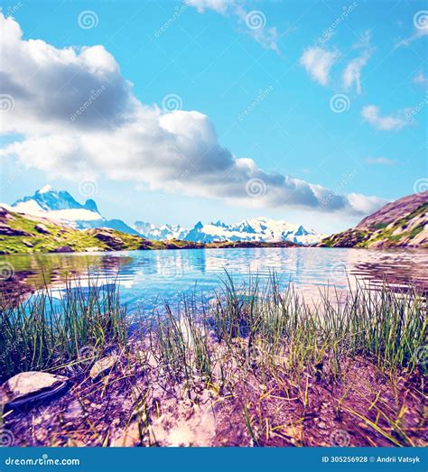 Fantastic Landscape with Mountains and the Lake on the Background of ...