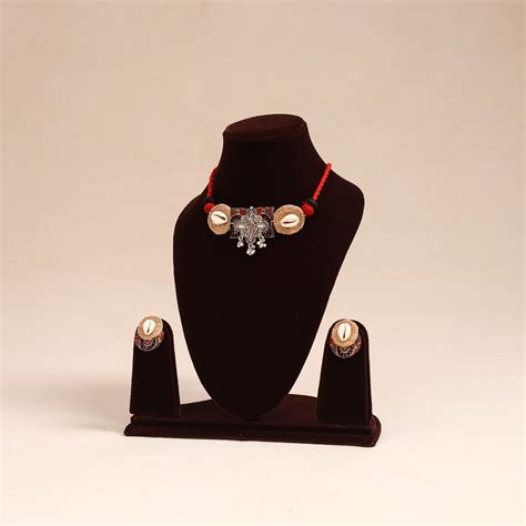 Red German Silver Jute & Fabart Necklace Set