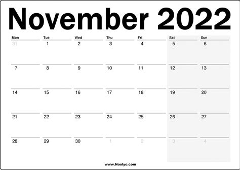 November 2022 UK Printable Calendar Free – Noolyo.com