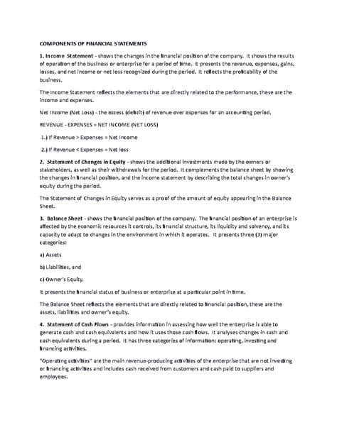 Components OF Financial Statements - COMPONENTS OF FINANCIAL STATEMENTS Income Statement - shows ...