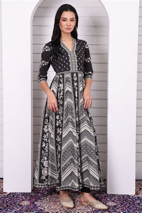 Buy Black Abstract Printed Hand Work Flared Kurta, Leggings and Dupatta ...