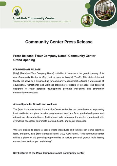 Free Community Center Press Release Template to Edit Online