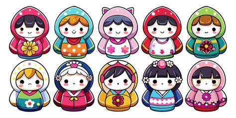 Adorable cartoon dolls in hooded traditional korean clothing | Premium ...