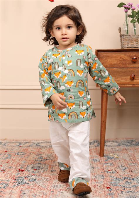 Polka Tots Cotton Full Sleeves Wolf Rainbow Print Kurta Pyjama Set, Tr ...