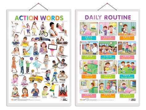 Set of 2 Action Words & DAILY ROUTINE Early Learning Educational Charts ...
