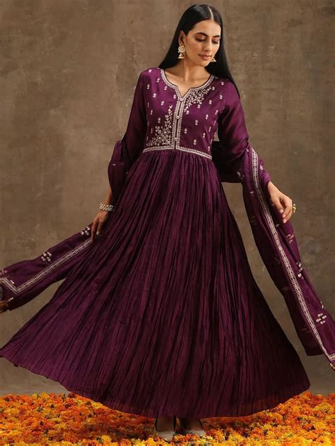 Buy Purple Embroidered Silk Blend Anarkali Kurta With Trousers ...