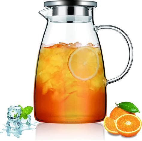 Homiu 1.8L Glass Water Jug With Lid | Pitcher Carafe for Iced Tea, Hot ...