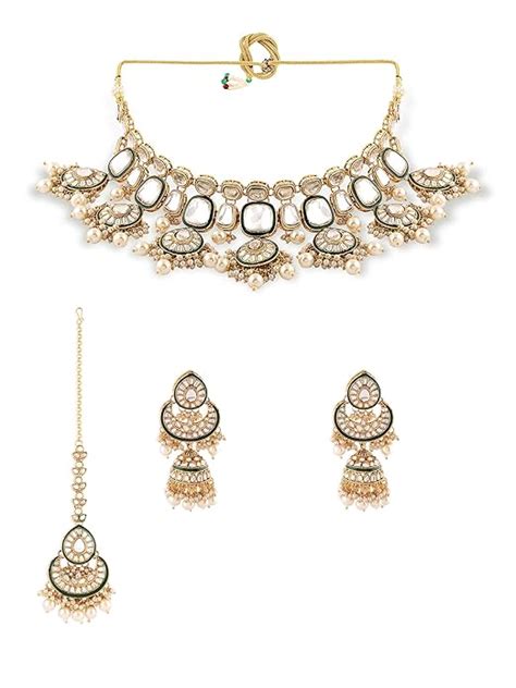 ZAVERI PEARLS Gold Tone & Green Enamel Kundan Artificial Stones ...