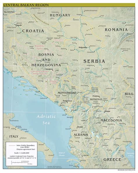 Large scale political map of Central Balkan Region with relief, major roads and major cities ...