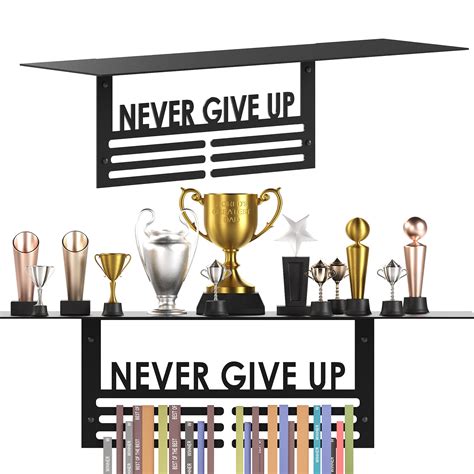 Glory Trophy Rack with Medal Hanger - Never Give Up – Holds Up to 8 Tr