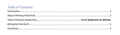 Image result for Table of Contents Word Error Bookmark Not Defined