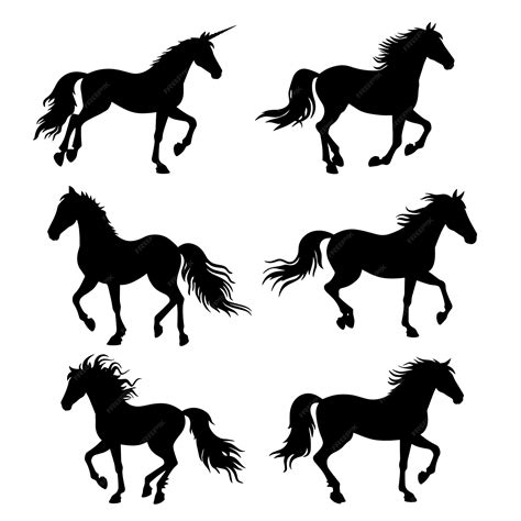 Silhouettes of unicorns and horses in various poses | Premium AI-generated vector