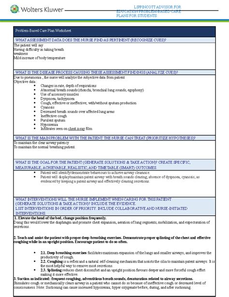 Problem Based Care Plan - LIPPINCOTT ADVISOR FOR EDUCATION PROBLEM BASED CARE‐ PLANS FOR ...
