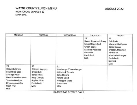August and September Breakfast and Lunch Menus | Wayne County Schools