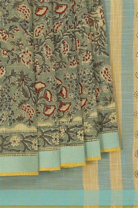 Ash Green Block Printed South Cotton Saree – Kalanjali