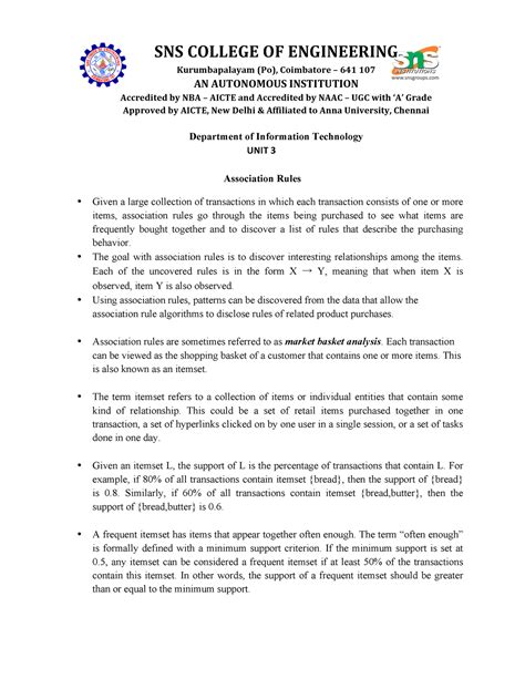 Unit 3 affiliated - Unit 3 notes BDA - UNIT 3 Association Rules Given a ...