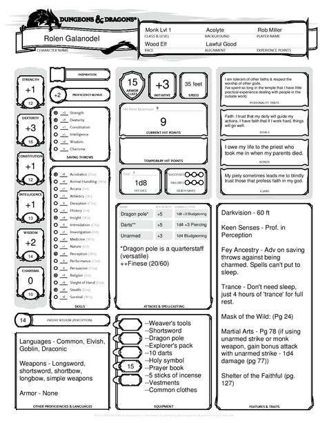 Wood Elf Monk (1/2) D&D5E Character Sheet