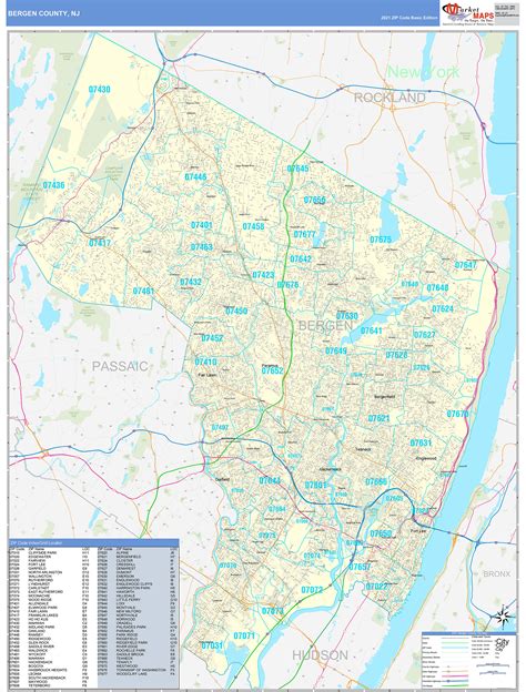 Bergen County, NJ Zip Code Wall Map Basic Style by MarketMAPS - MapSales